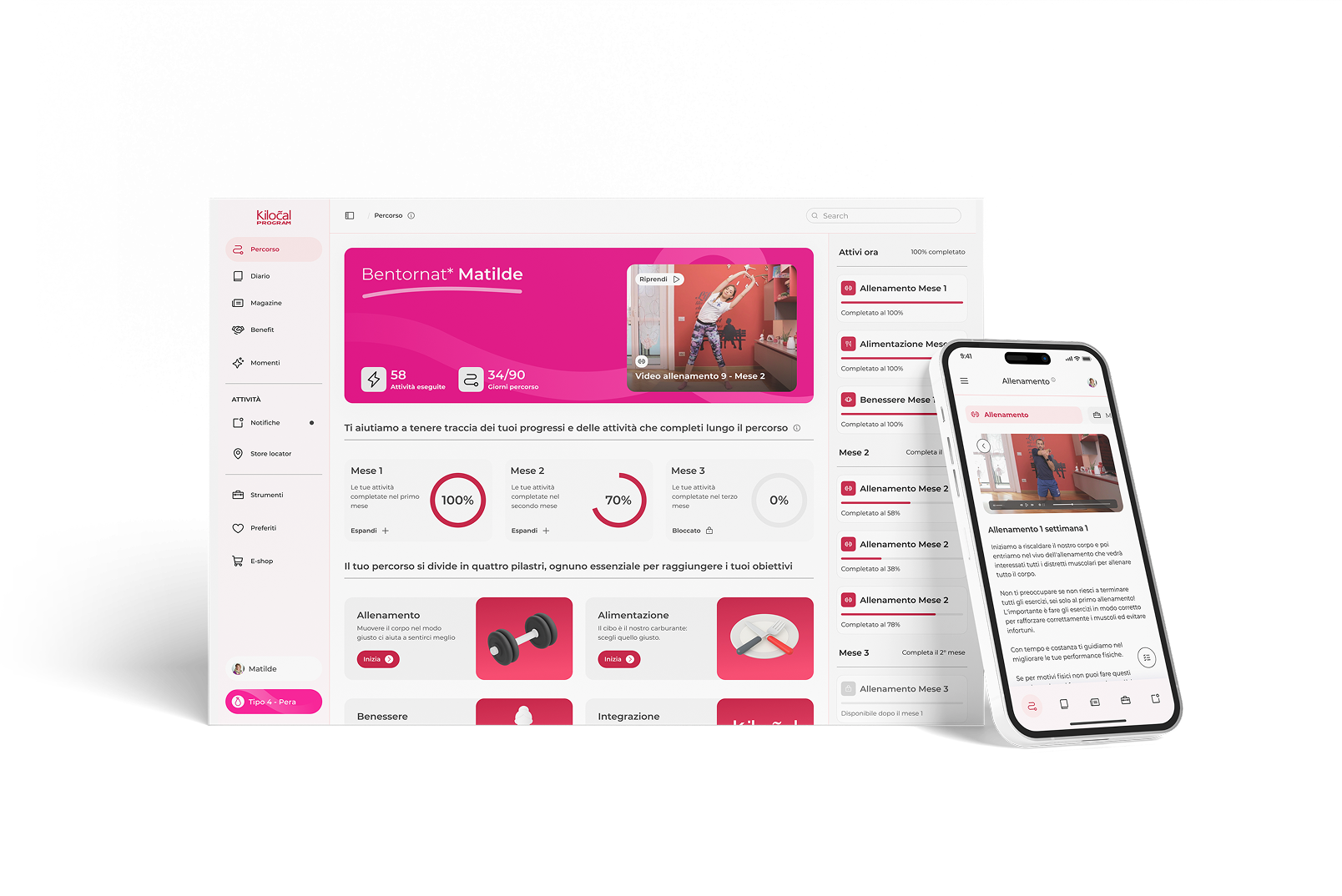 Interfaccia del diario digitale Kilocal Program su smartphone e laptop